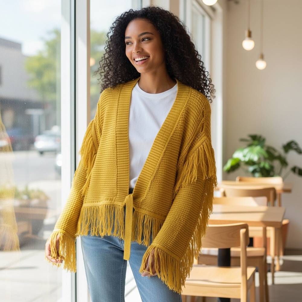 Tularosa Mustard Fringe Crochet Tie Front Cardigan Medium Boho Festival